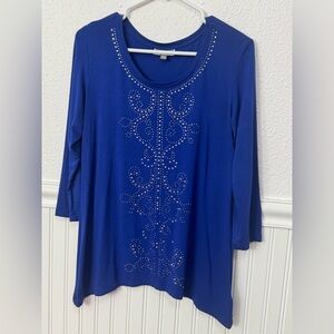JM Collection Royal Blue Embellished 3/4 Sleeve Top | Petite | Machine Washable